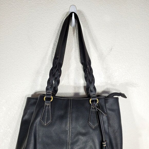 St. Johns Bay Black Faux Leather Tote Bag With Braided Handles & Tassel Accent - Picture 6 of 13